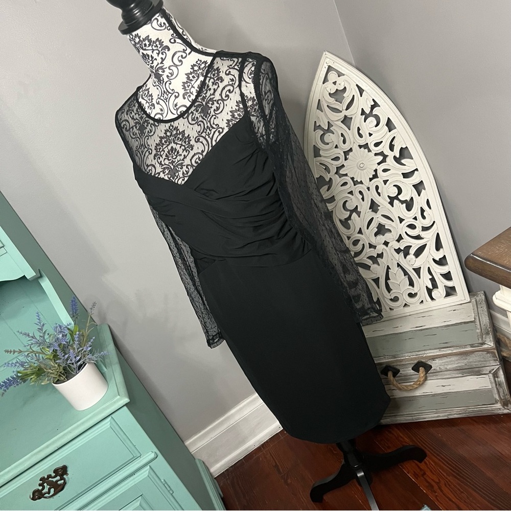 Vince Camuto Ruched Dot Mesh Dress Size Medium Black LBD Wedding Guest - Picture 6 of 14
